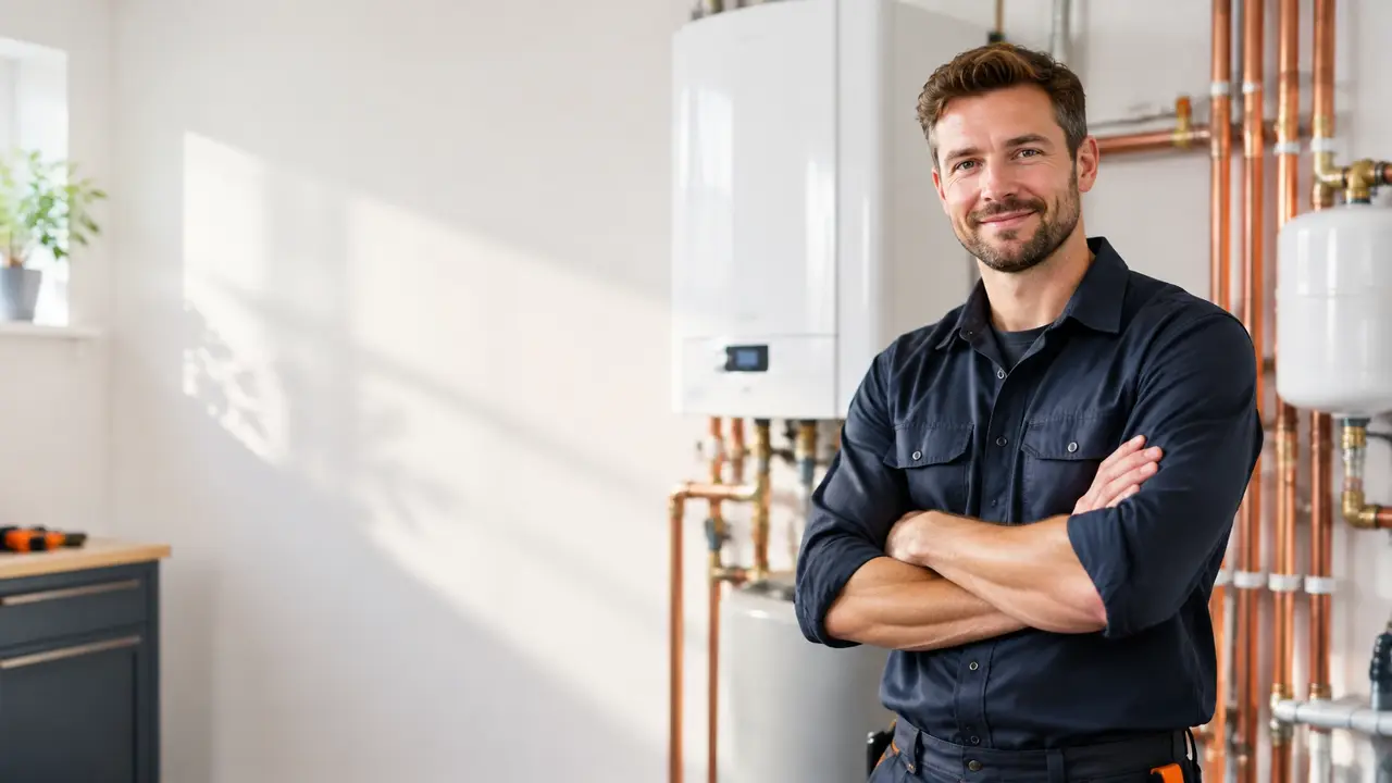 Plumber working in a modern boiler room
